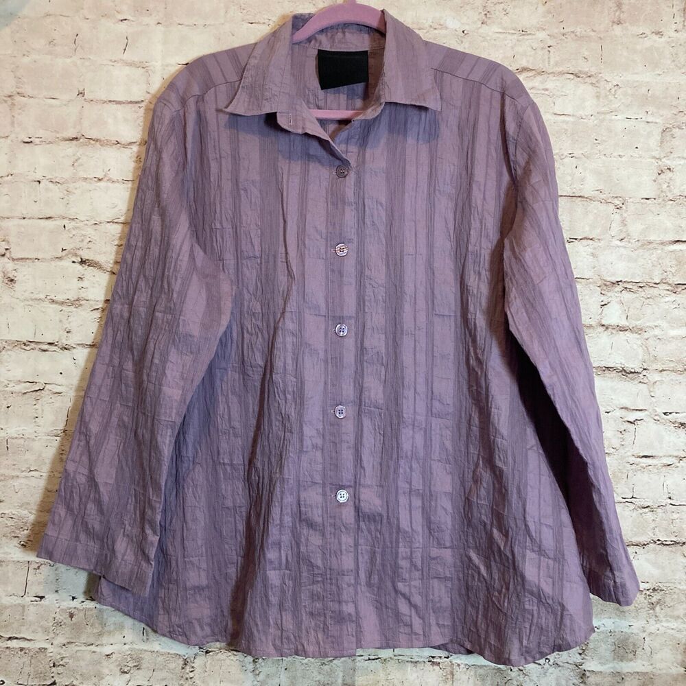 Blanque Top Womens 1X Purple Crinkle Button Up Lagenlook Long Sleeve Button Back